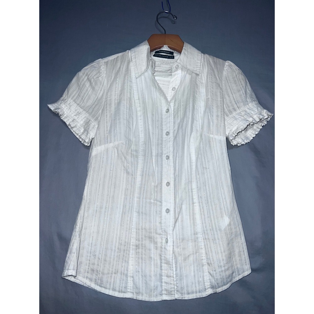 Club Monaco Womens XS White Silver Metallic Pinstripe Ruffle Sleeve Blouse Shirt